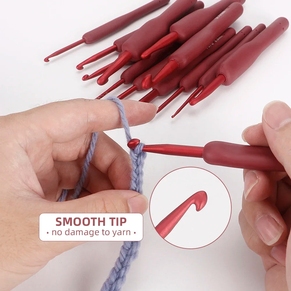 14pc Red Knitting & Weaving Tool Set, TPR Silicone Aluminum Crochet Hooks