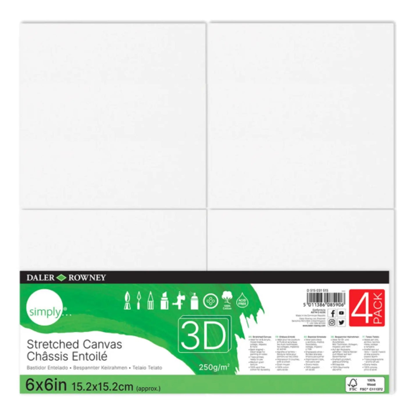 (3 pack) Daler-Rowney Simply Canvas, 3D White Stretched, 6x6 inch, 4 Piece