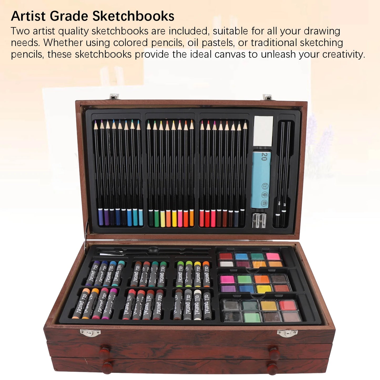 142PCS/set Painting Drawing Art Kit Set Portable Multifunctional Wood Box Set
