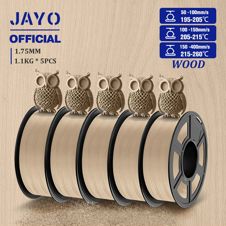 JAYO Wood PLA Filament 1.75mm 5Rolls 15% Real Wood Fiber 3D Filament For FDM 3D Printers