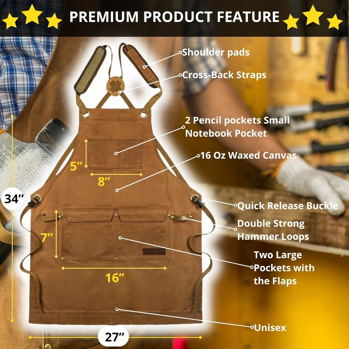 Woodworking Shop Aprons for Men and Women, 16 oz Durable Waxed Canvas with Pockets, Cross-Back Straps, Adjustable