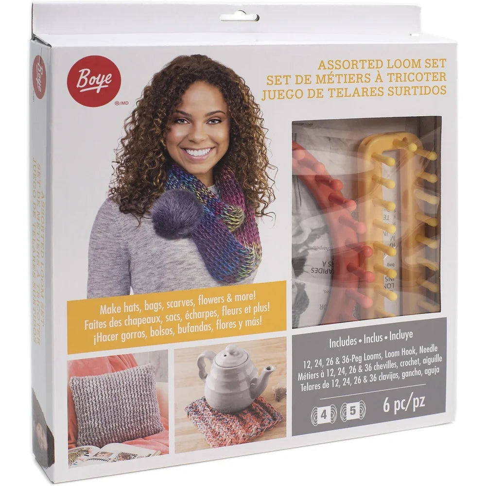 Assorted Loom Kit 6 Pieces Includes Round Rectangular Looms Hook Yarn Needle Ages 8 and Up