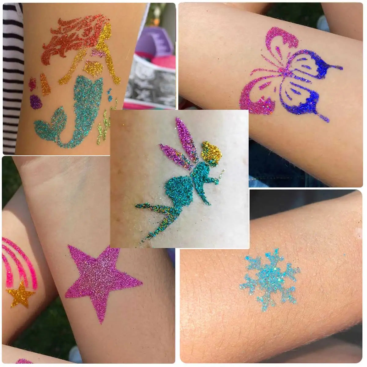 Temporary Glitter Tattoo Set, 12 Fun Colors for Body Painting, with 8 Unique Template Designs and Applicator Brushes, Easy to Apply and Remove, Qla-Zh012