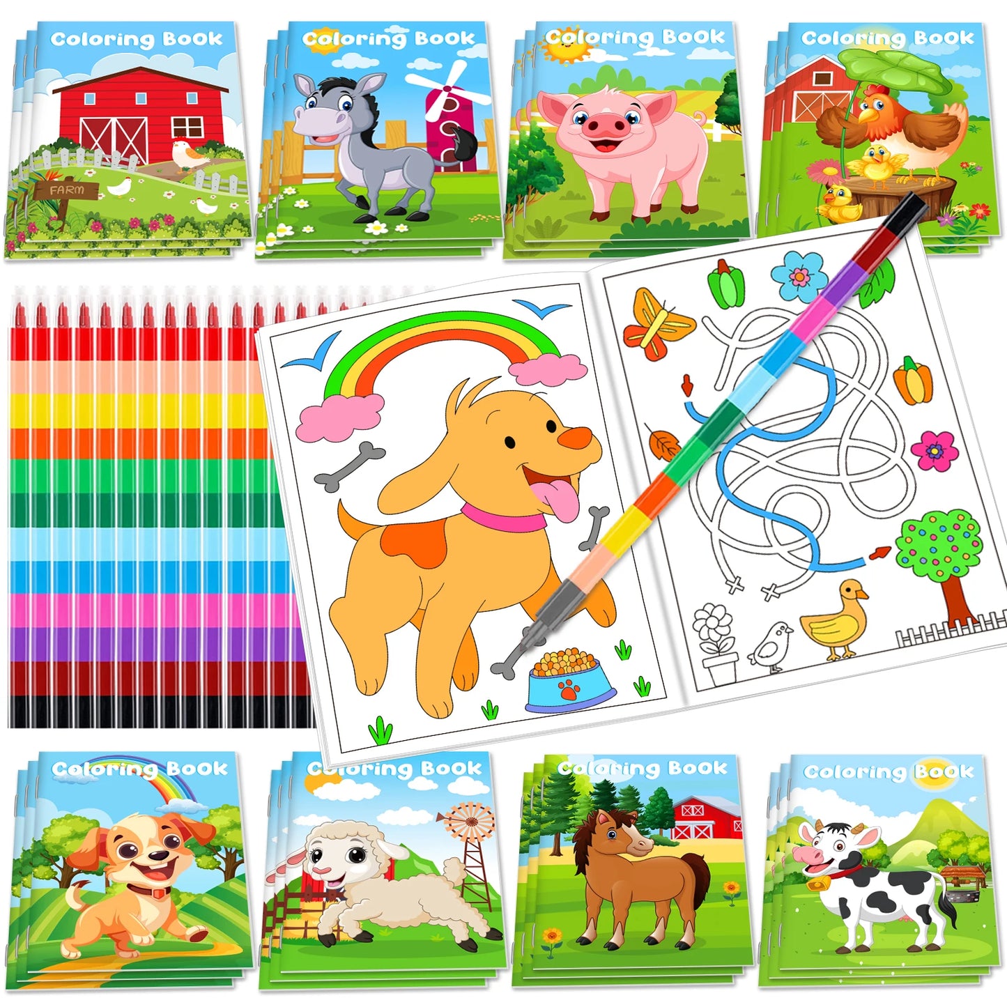 24Pcs Farm Coloring Books for Kids with 24 Stacking Crayons