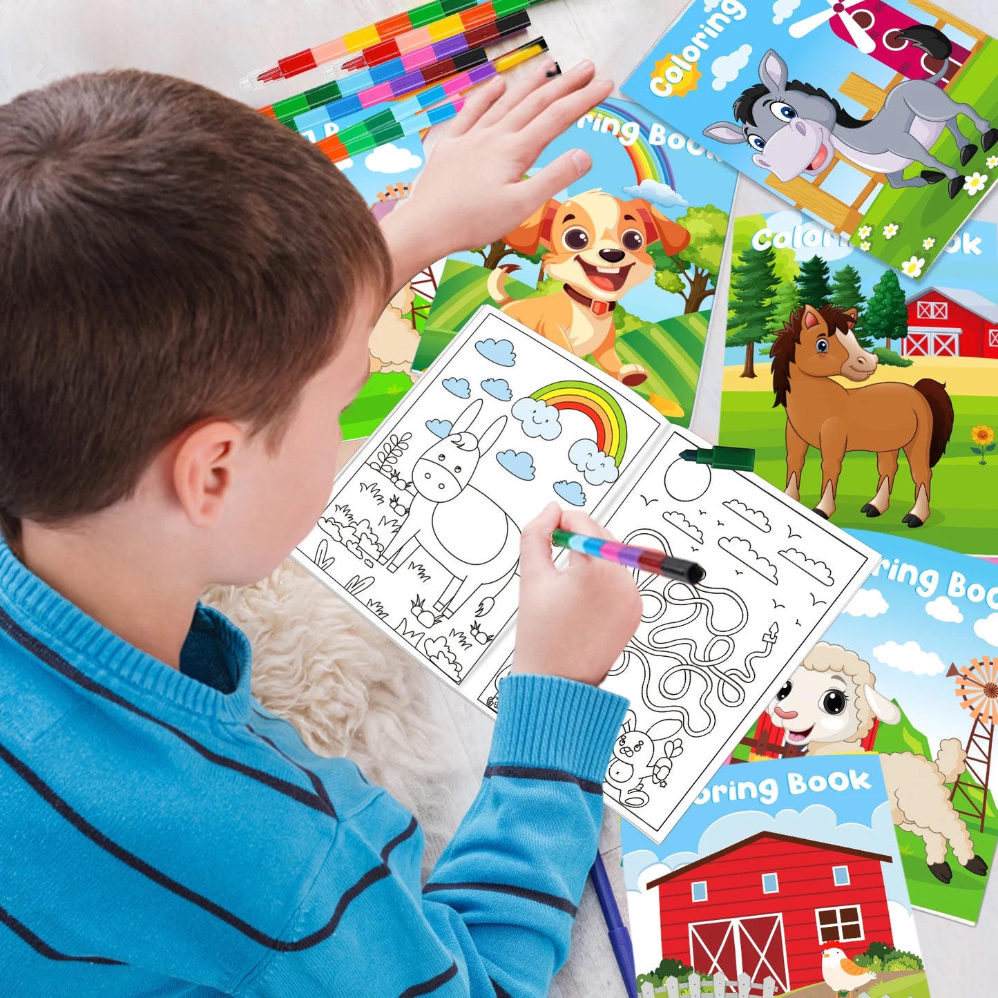 24Pcs Farm Coloring Books for Kids with 24 Stacking Crayons