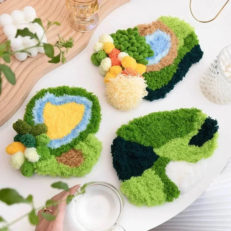 Latch Hook Coaster Kits for Beginners Moss Simple Embroidery Yarn Rugs Hooking