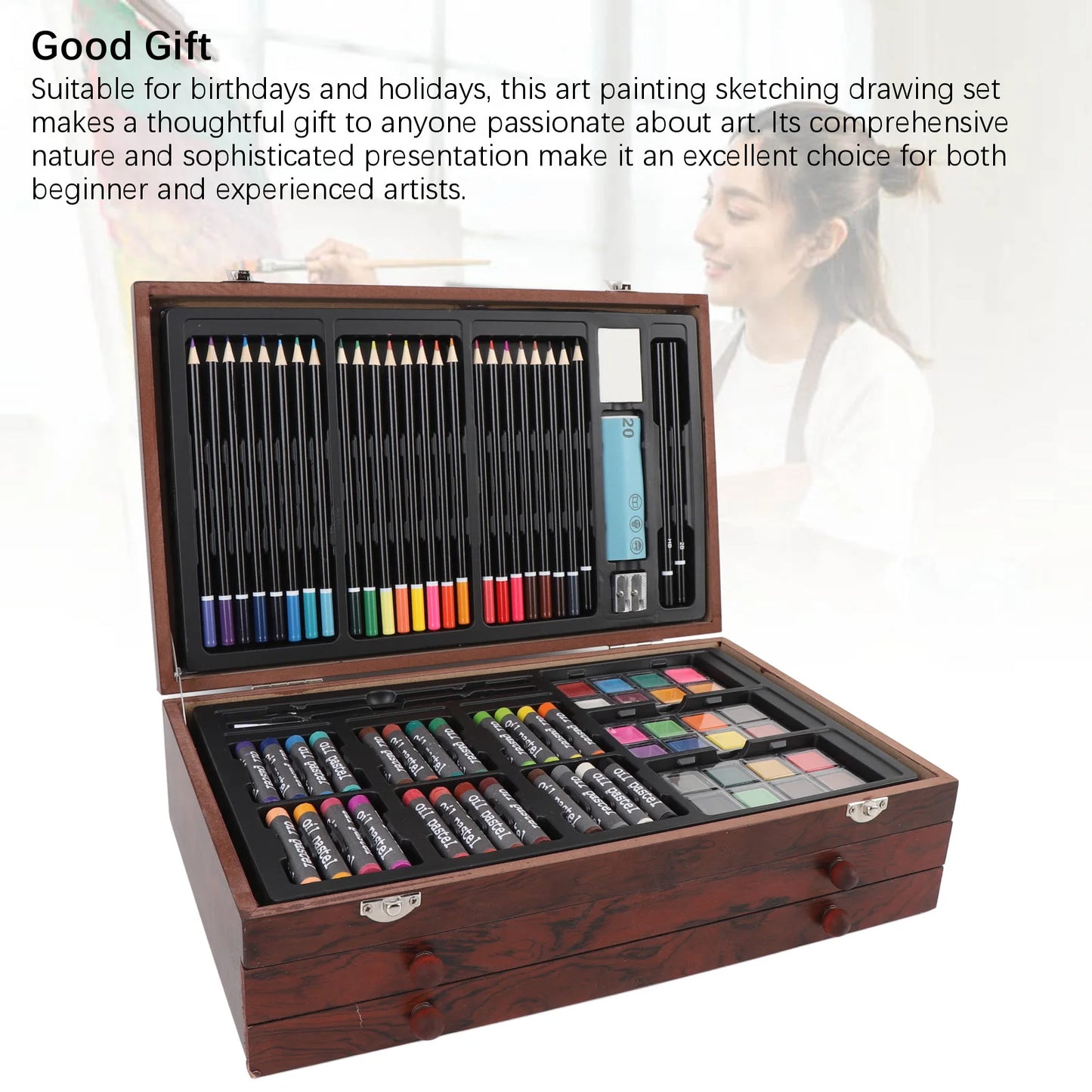 142PCS/set Painting Drawing Art Kit Set Portable Multifunctional Wood Box Set