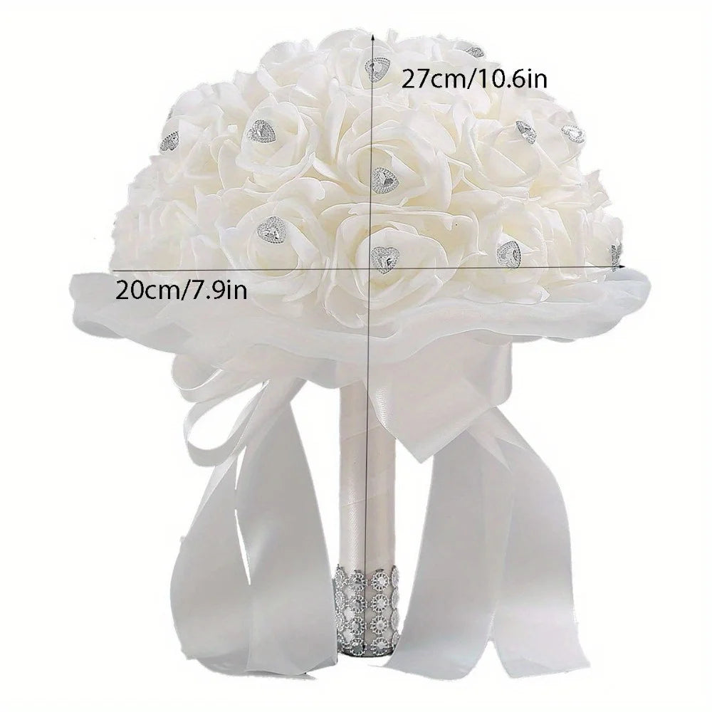 White Bouquet with Diamond Soft Ribbons Artificial Satin Ribbon Rose