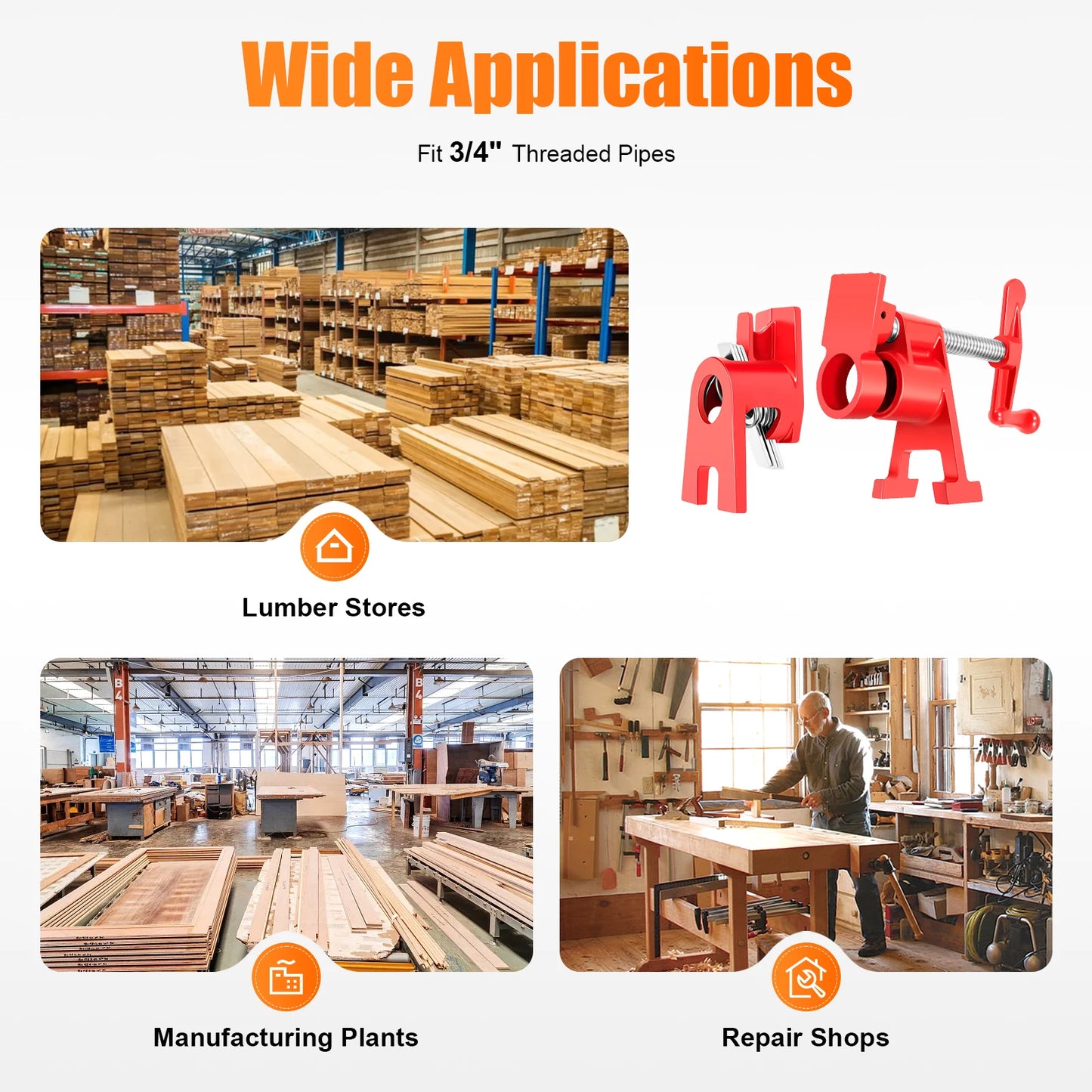 Wood Gluing Pipe Clamp Set for Woodworking Cast Iron Red 4 Pieces Countertop Painting Plastic Spraying 19cm Total Length