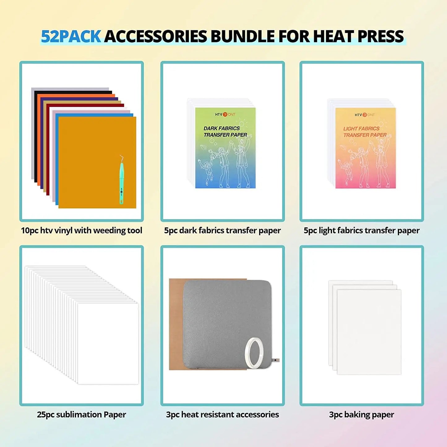 HTVRONT 52pcs Heat Press Supplies Accessories for Beginners Cricut Clothing T-shirt Printing Paper Pad Kits