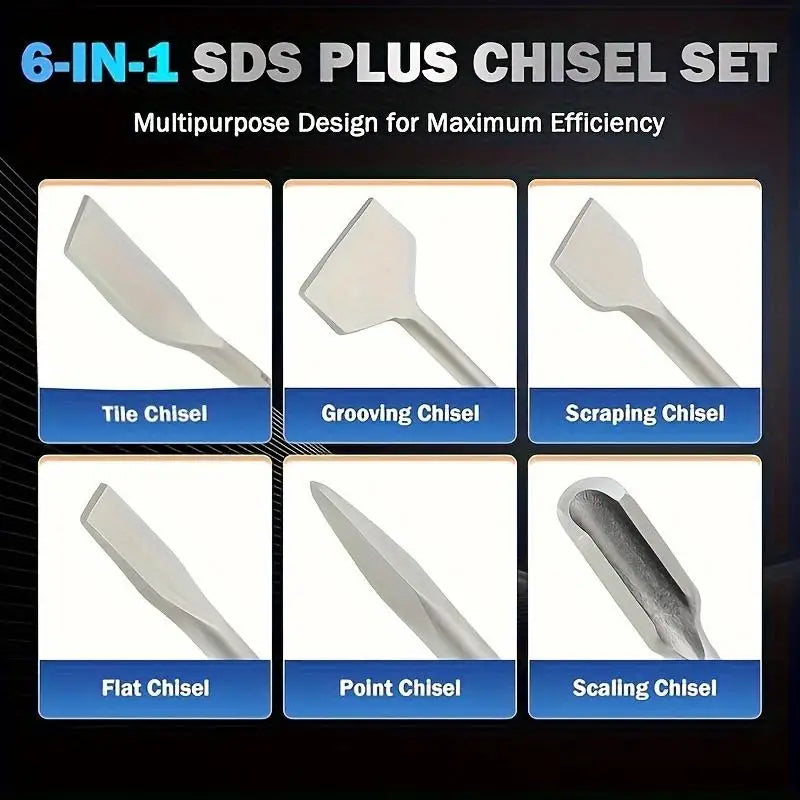 6-piece carbide chisel set with SDS Plus handle - precision cutting, tile slotting and peeling - Durable 40Cr