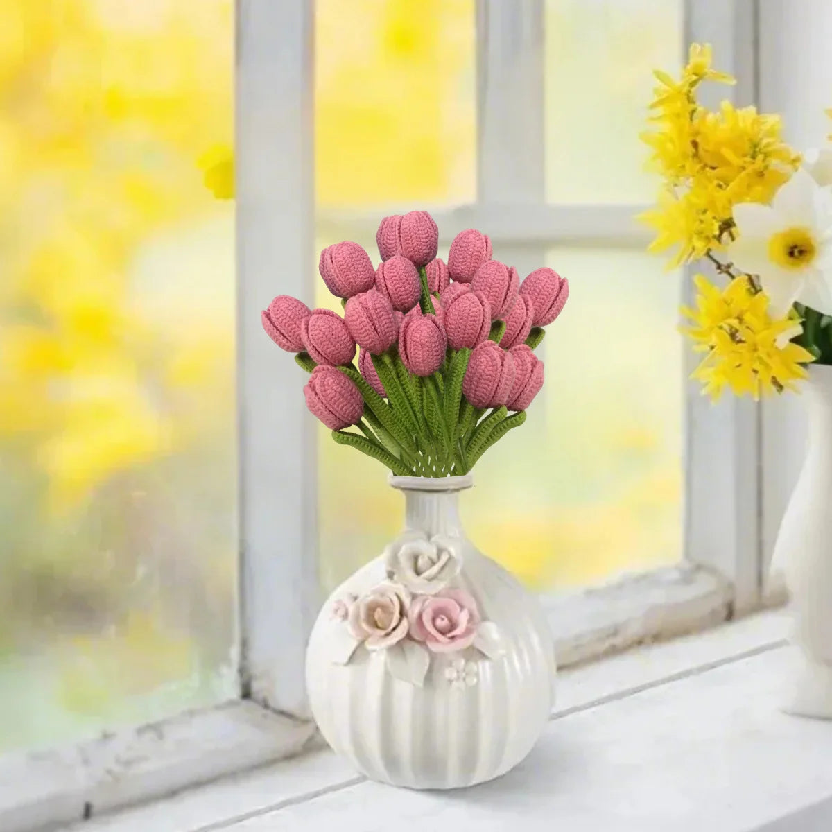 6Pcs Fake Tulips Flower Bouquet Crochet Flowers Handmade