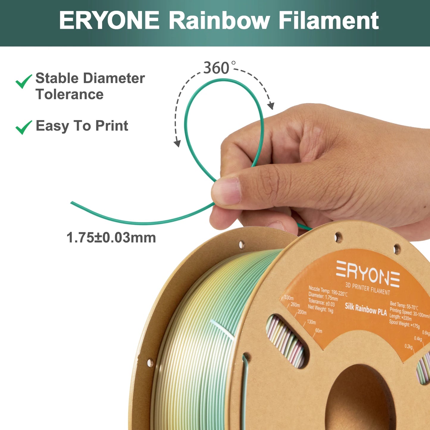 Eryone Silk Rainbow PLA 1/3/5/10KG Premium Filament 3d print, silk rainbow pla filament 1/3/5/10kg