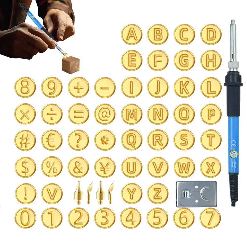 Wood Burning Tool With Letters Alphabet 56Pieces Set Ergonomic Symbol Number Hot Stamps