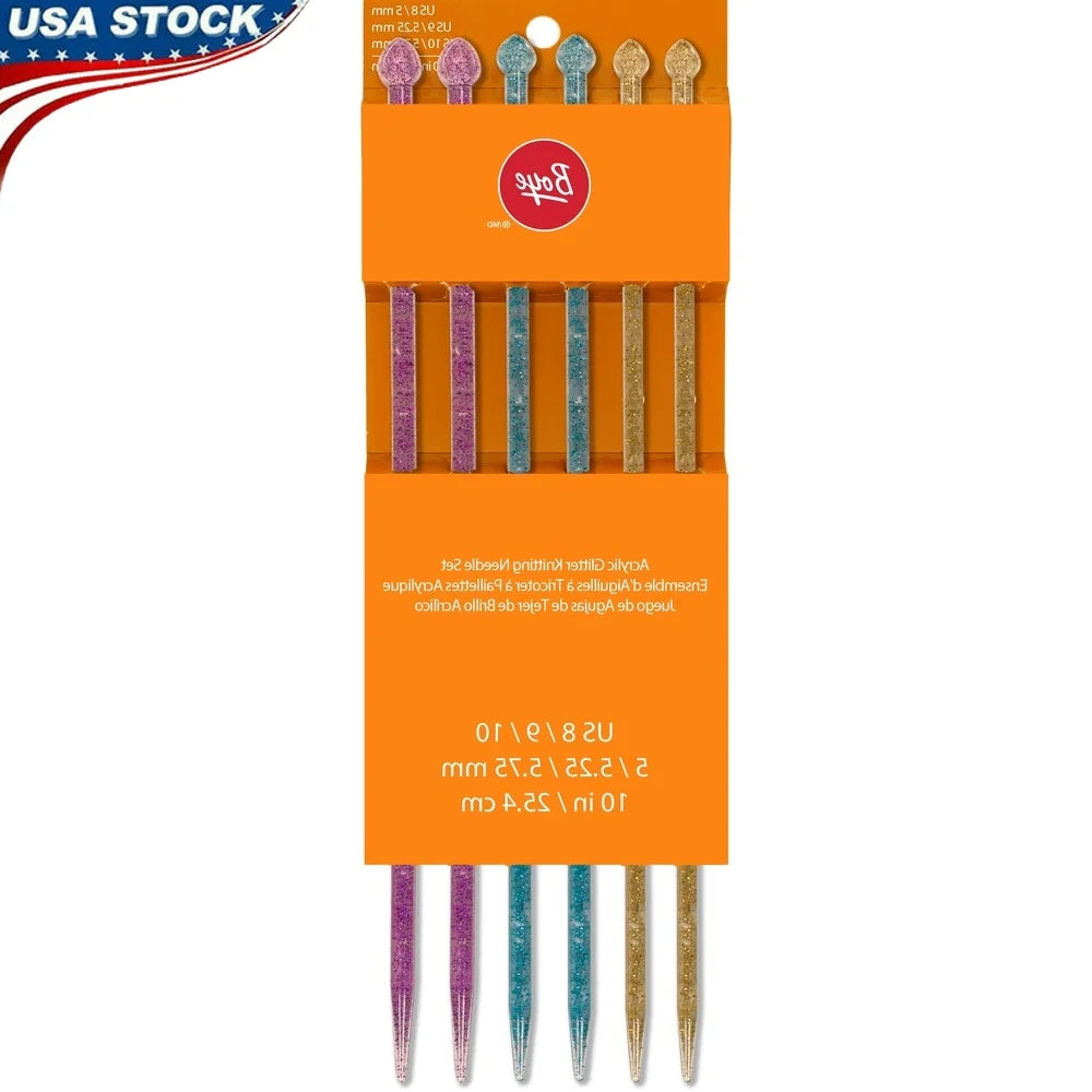 Multi-Color Acrylic Glitter Knitting Needle Set 6 Pack US Sizes 8 9 10 Lightweight Durable
