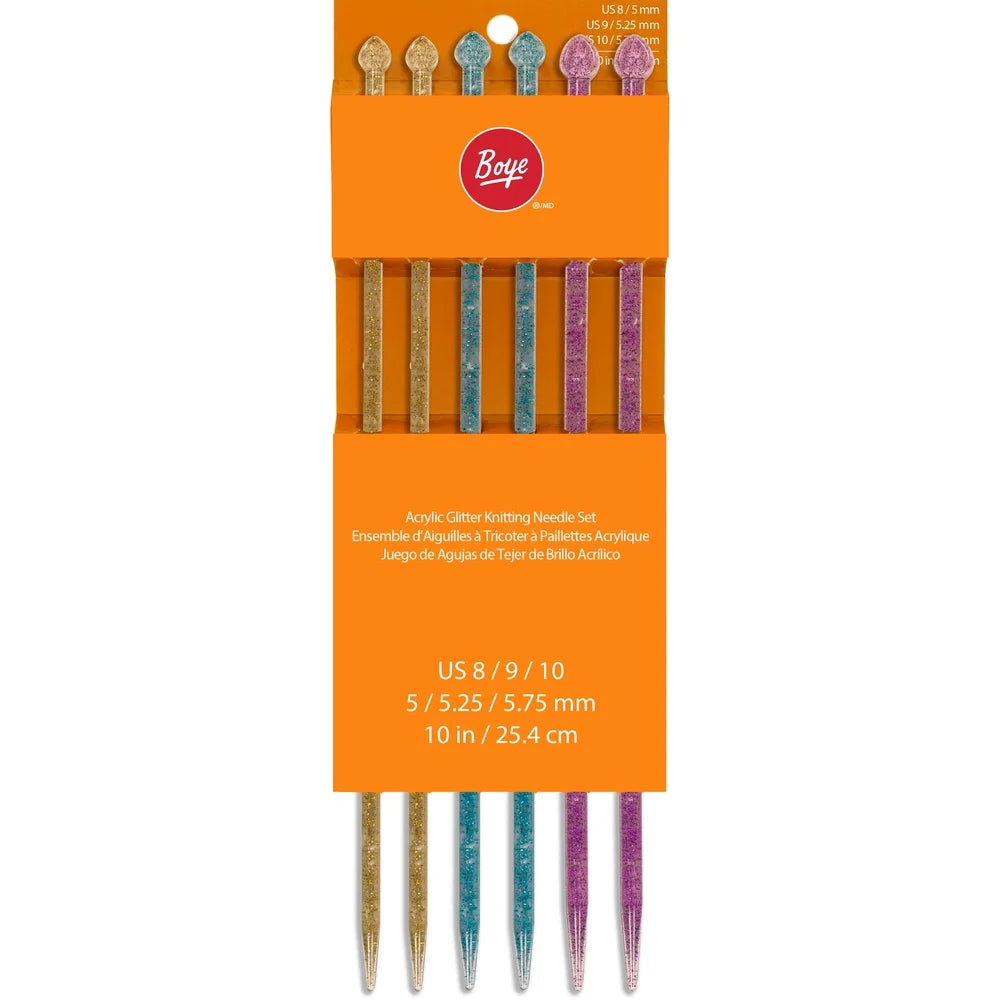 Multi-Color Acrylic Glitter Knitting Needle Set 6 Pack US Sizes 8 9 10 Lightweight Durable