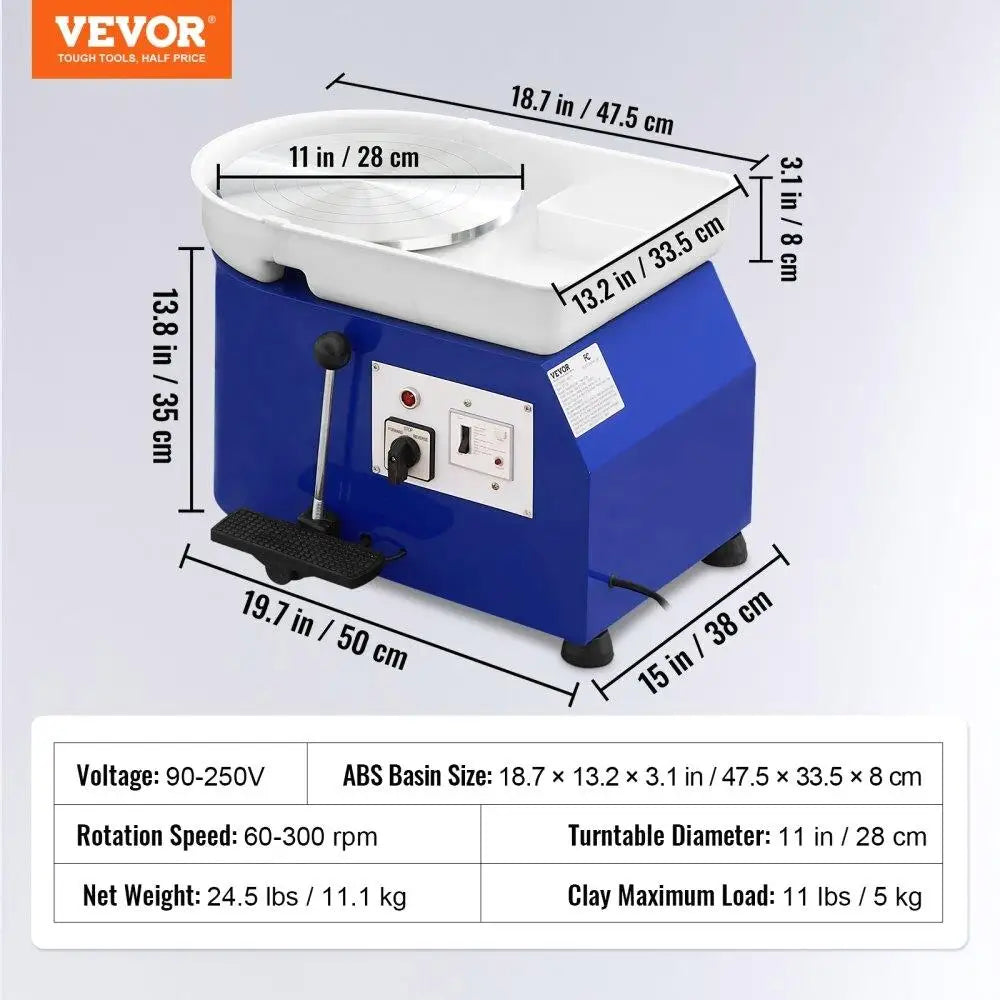 Pottery Wheel for Beginners 350W 11in Clay Forming Machine Adjustable 0-300RPM Speed Handle Pedal Control ABS Detachable