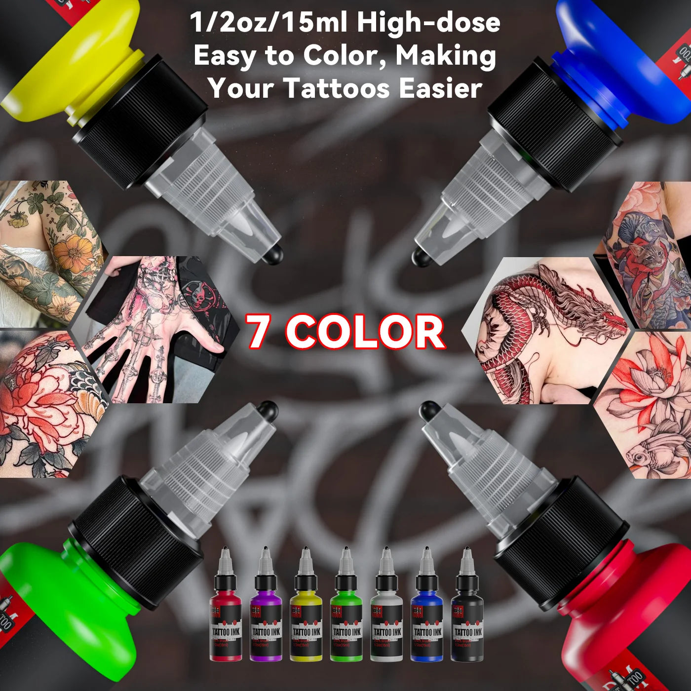 DM 15ml 7Colors Tattoo Ink Body Art Pigment Professional Semi-permanent