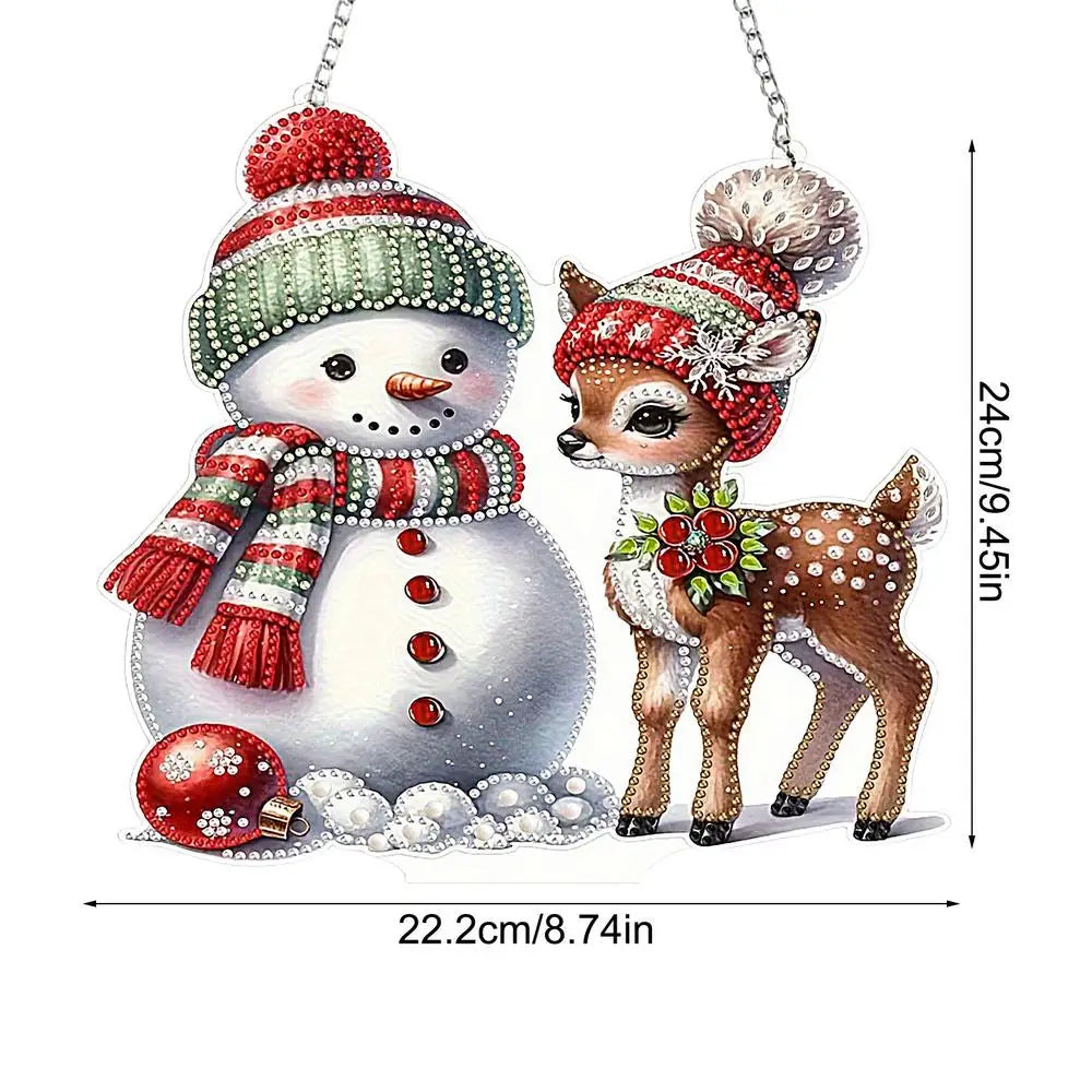 5D Rhinestone Painting Kit Christmas Snowman Themed Gem Paint Pendant With Chain
