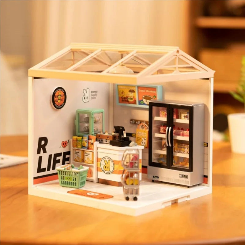 Robotime DIY Miniature Dollhouse Kit with Accessories Model Supply Store Kit with LED