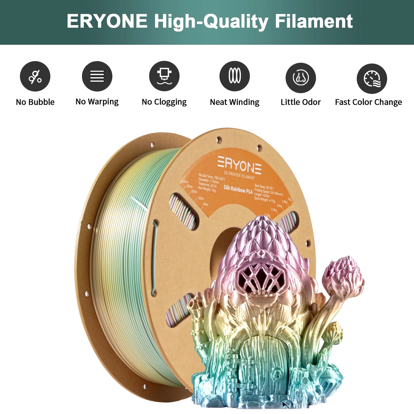 Eryone Silk Rainbow PLA 1/3/5/10KG Premium Filament 3d print, silk rainbow pla filament 1/3/5/10kg
