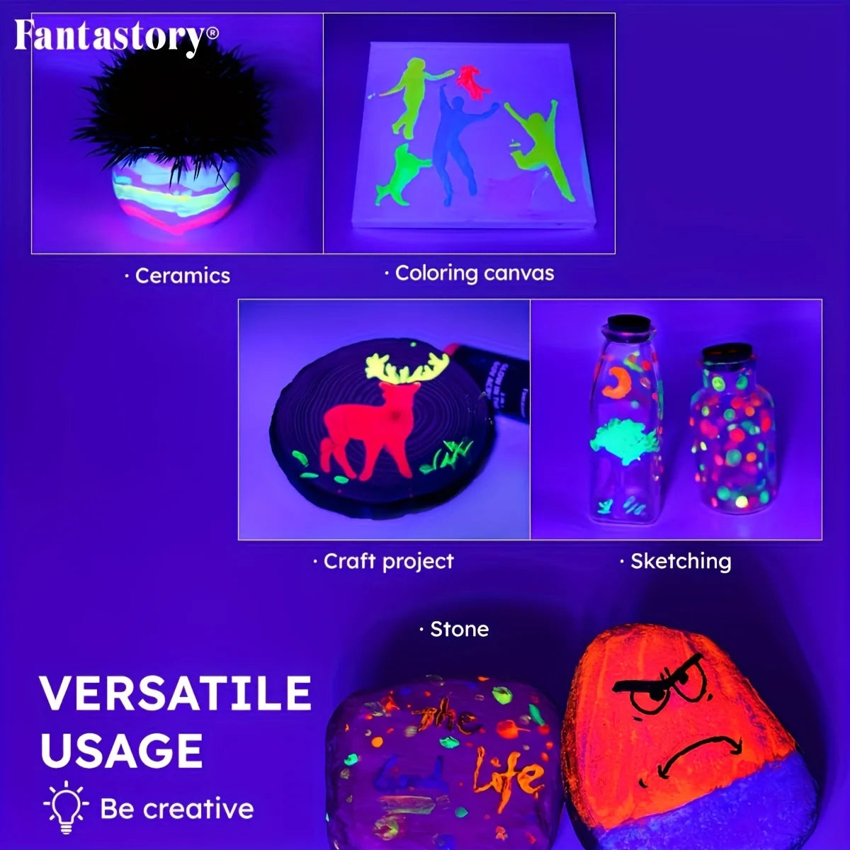 Acrylic Paint Set, 10 Neon and Glow in the Dark Colors for Wood, Fabric, Crafts, Canvas, Stone, Drawing & Painting