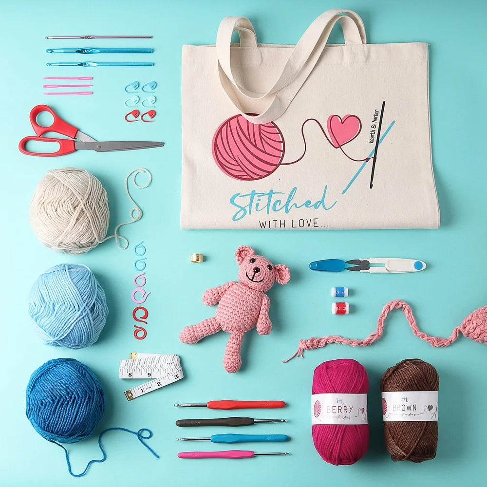 Crochet Craft Kit Beginners Premium Yarn Bundle with 15 Colors 75 Yards Each 21 Hooks Accessories Organizer Tote Bag