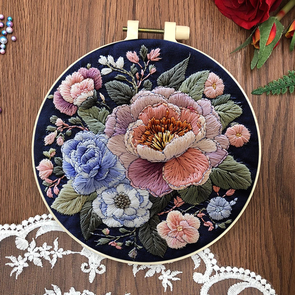 Flower Stamped Cross Stitch Embroidery Kits with Hoop Cloth Color Thread