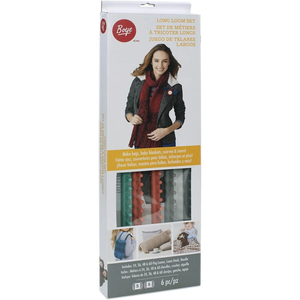 Boye Long Loom Set 6 Pieces Rectangular Plastic Looms Hook Yarn Needle Crafting Easy Instructions