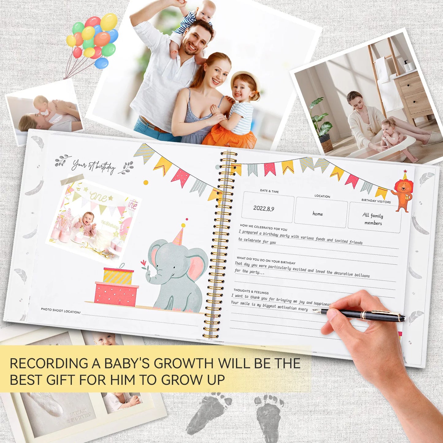 Hardcover Baby Memory Book Growth Chart First Year Journal for Ultrasound to 1st Birthday Eco-Friendly Keepsake Album