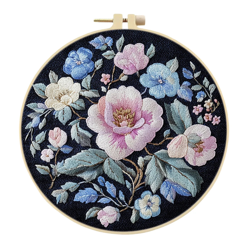 Flower Stamped Cross Stitch Embroidery Kits with Hoop Cloth Color Thread