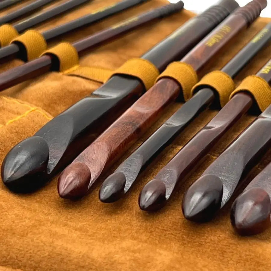 Artisan Ebony Wood Crochet Hooks Set with Leather Carrying Case incl. 13 Crochet Hooks Size US E P Premium Set, Portable