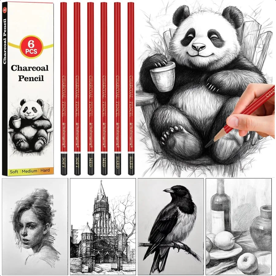 Profional Charcoal Pencils for drawing Set of 6 Black Charcoal Soft Medium Hard Art plies for Drawing Sketching