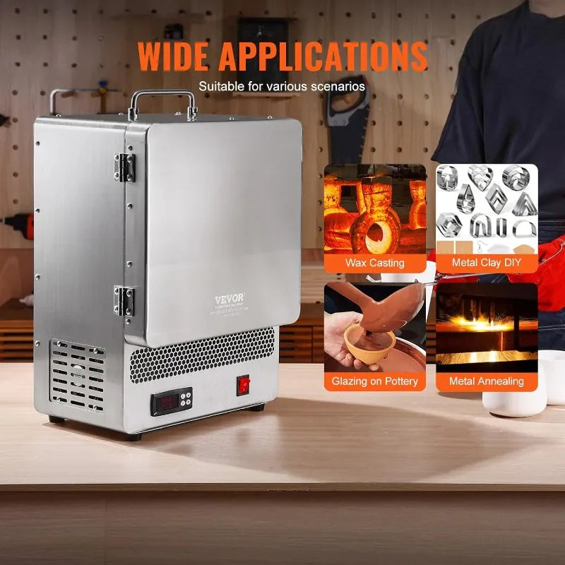 VEVOR Electric Kiln, 1500W Melting Furnace Max Temperature 2192℉/1200℃, Stainless Steel, for Wax Casting, Clay
