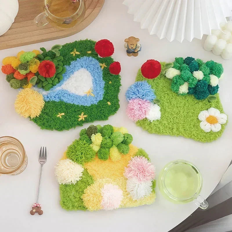 Latch Hook Coaster Kits for Beginners Moss Simple Embroidery Yarn Rugs Hooking