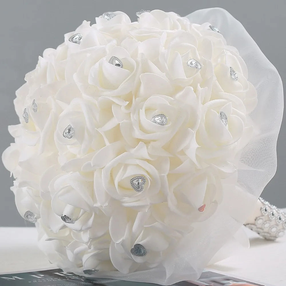 White Bouquet with Diamond Soft Ribbons Artificial Satin Ribbon Rose