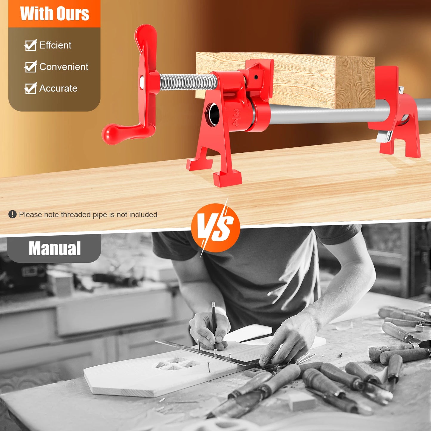Wood Gluing Pipe Clamp Set for Woodworking Cast Iron Red 4 Pieces Countertop Painting Plastic Spraying 19cm Total Length