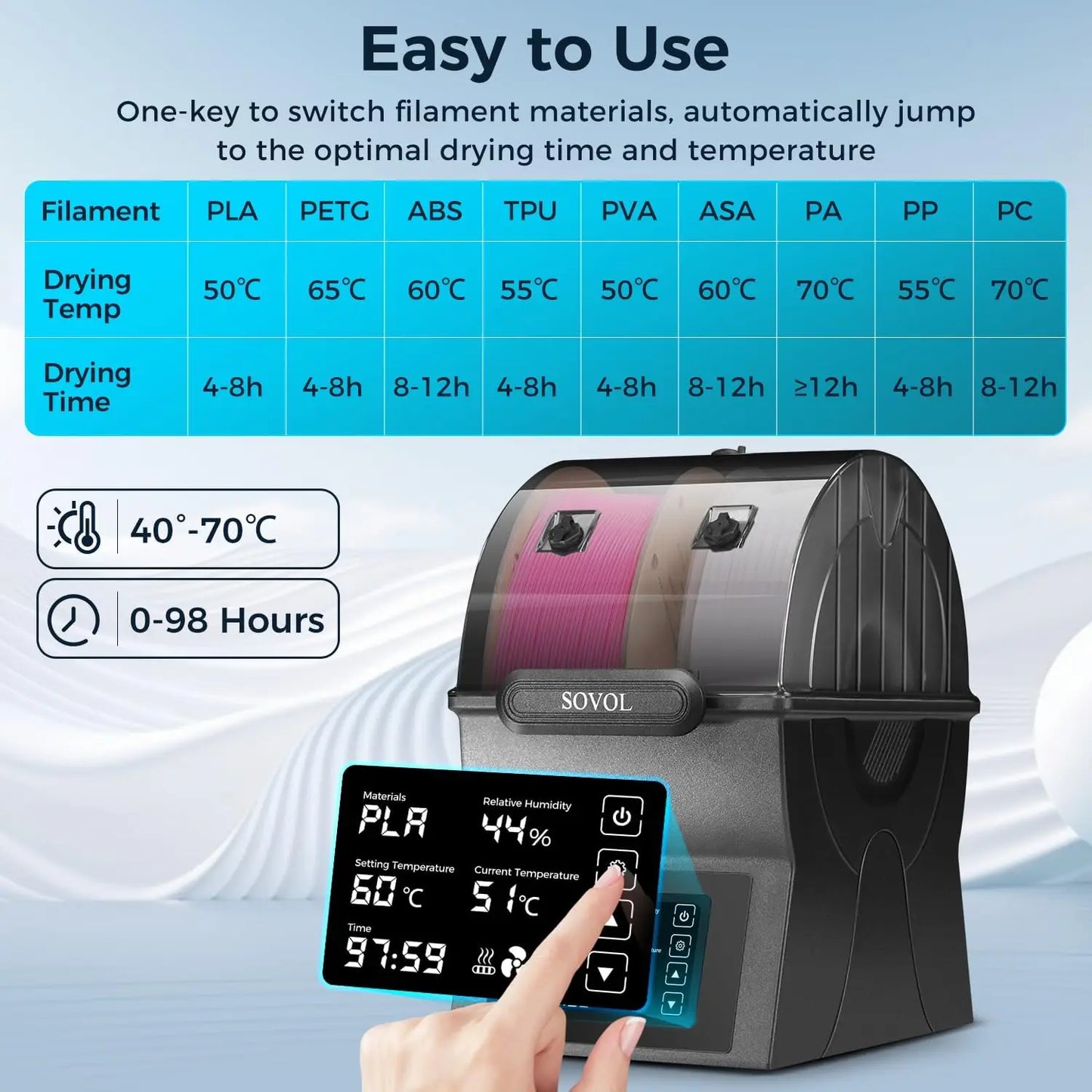 Sovol Filament Dryer SH02 Dry Box Filament Sealed Storage Box 3D Printer Spool Holder with PTC Heater Filament Dehydrator