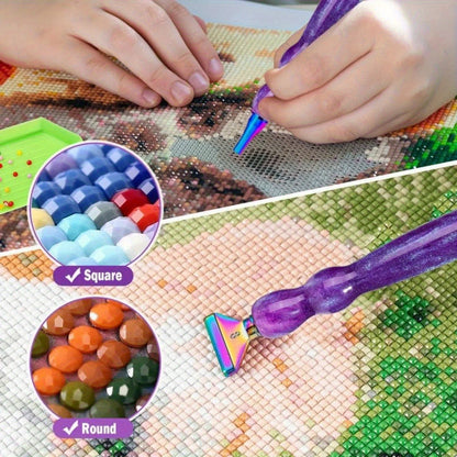 Glitter Gourd Shaped Plastic Pen Metal Drill Bits,6pcs Red Glue,1pc Plastic Box Threaded Diamond Painting Dot Drill Tool Set