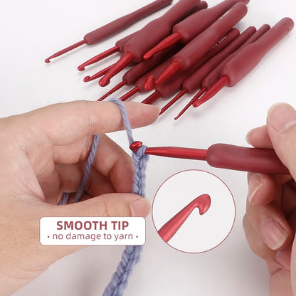 14pc Red Knitting & Weaving Tool Set, TPR Silicone Aluminum Crochet Hooks