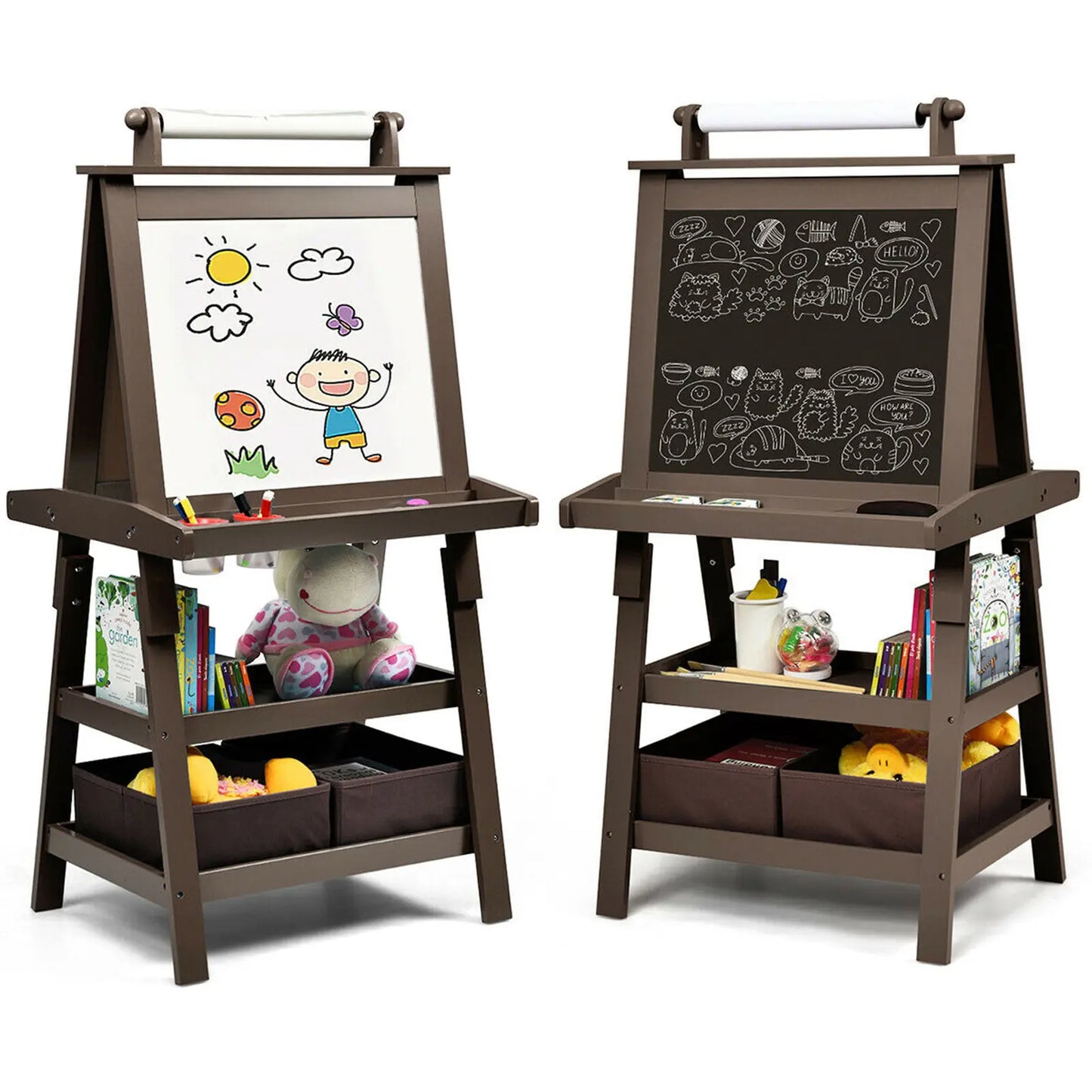 3 in 1 Double-Sided Storage Art Easel w/ Paint Cups Coffee