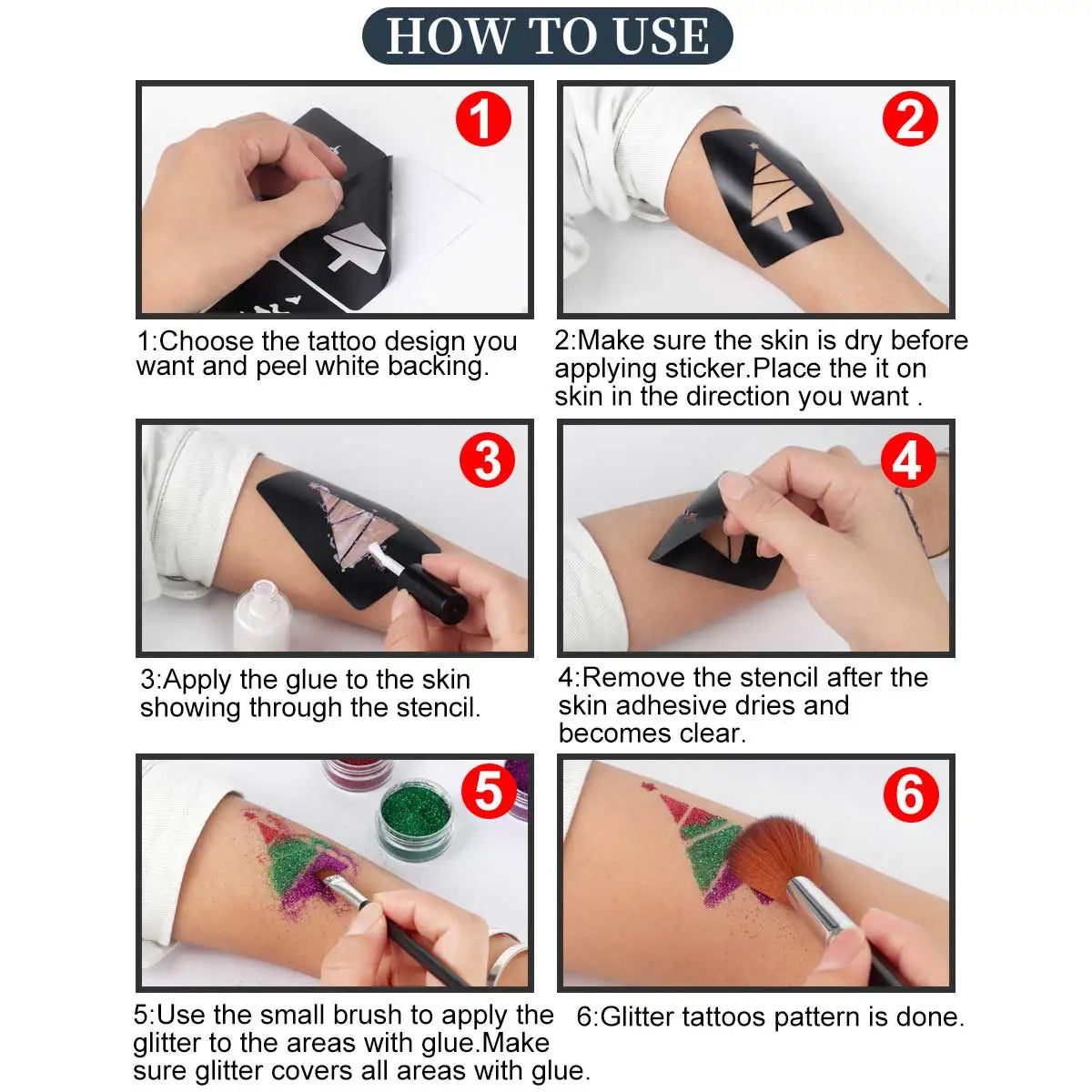 Temporary Glitter Tattoo Set, 12 Fun Colors for Body Painting, with 8 Unique Template Designs and Applicator Brushes, Easy to Apply and Remove, Qla-Zh012