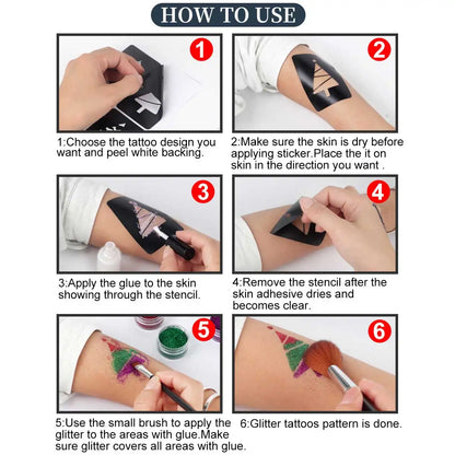 Temporary Glitter Tattoo Set, 12 Fun Colors for Body Painting, with 8 Unique Template Designs and Applicator Brushes, Easy to Apply and Remove, Qla-Zh012