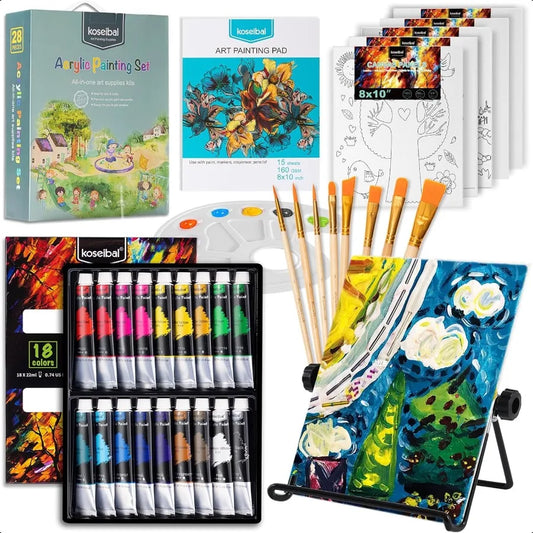 Acrylic Paint Set Kit with 18 Paints 5 Canvas Panels 8 Brushes Table Easel Premium