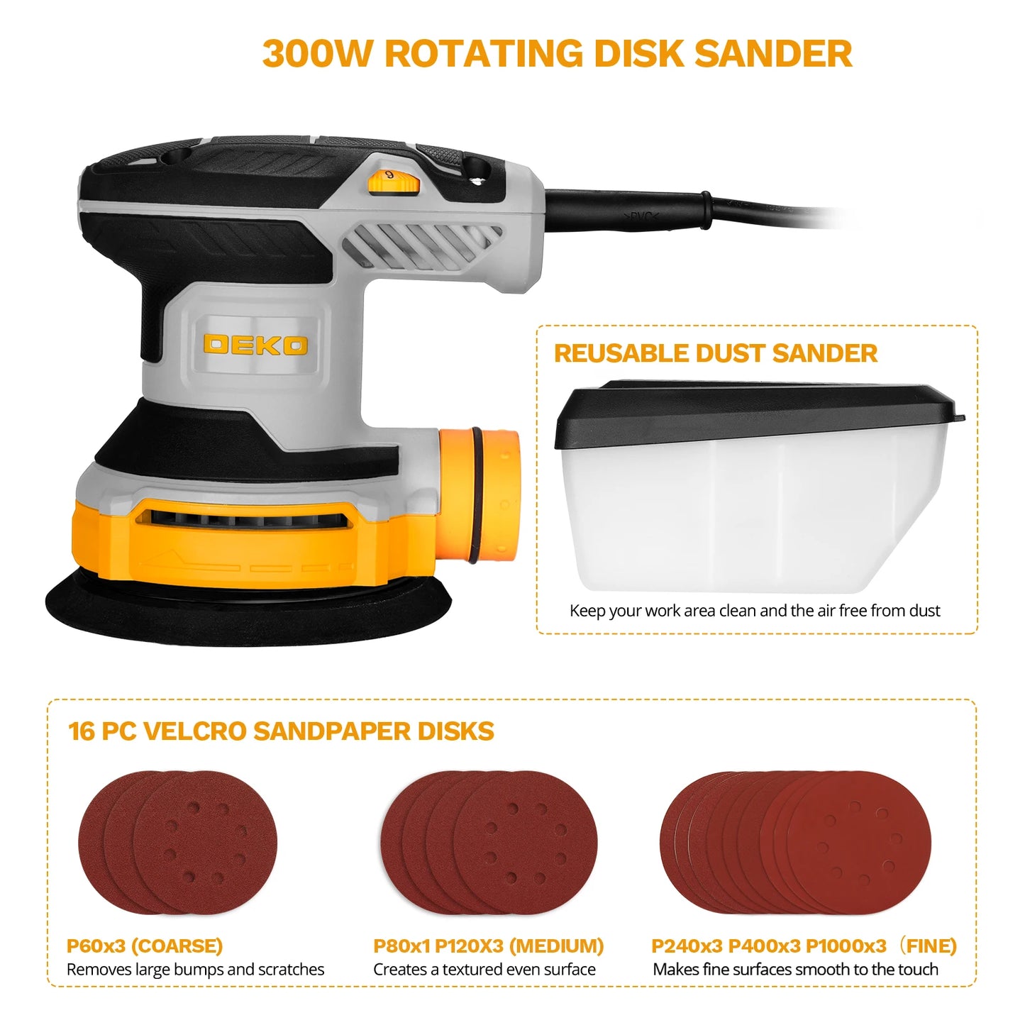 DEKO 300W Orbital Sander Sanding 14000RPM 16 Pieces Sandpaper 125 mm Pad Dust Collector