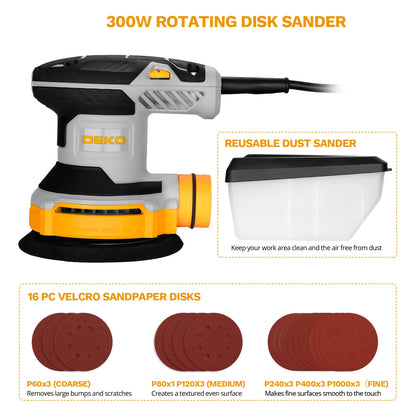 DEKO 300W Orbital Sander Sanding 14000RPM 16 Pieces Sandpaper 125 mm Pad Dust Collector