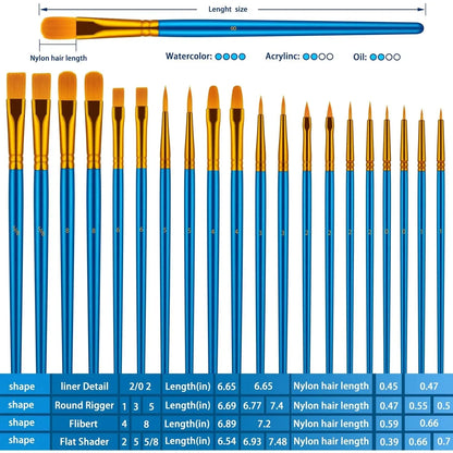 20 oil watercolor acrylic paint brushes, blue