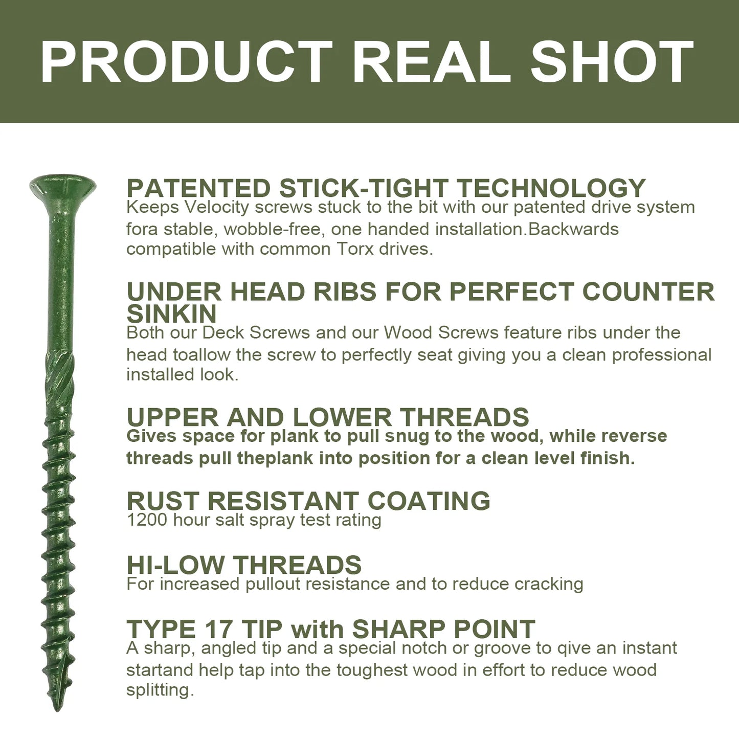 Deck Wood Screws Carbon Steel Green Anti Rust Coating TORX Star Drive Threaded - Free T25  (3 Sizes: #10x3", 8x1.5", 8x2" )