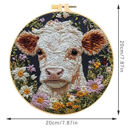 Beginner Embroidery Kit Cow Daisy Flower Embroidery Punch Needle Kit Colorful Handmade Craft Set Includes Embroidery Hoop Cloth