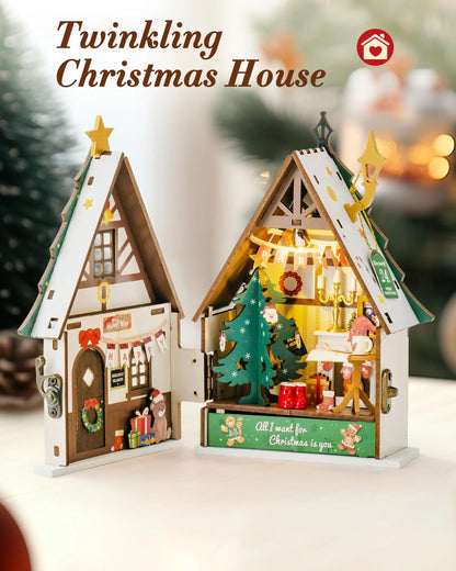Rolife Miniature Wooden Dollhouse Collectible 3D Wooden Puzzle Home Decor Twinkling Christmas House